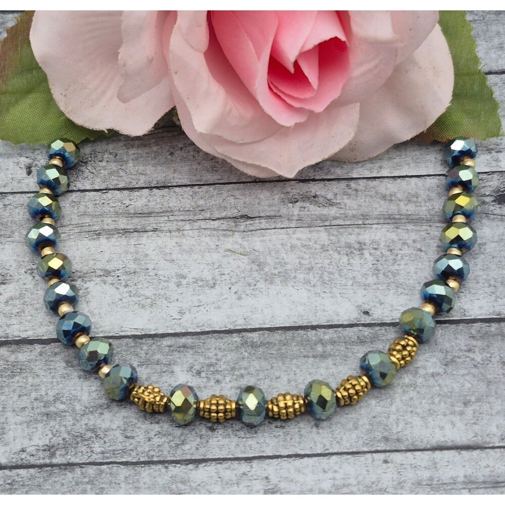 AB Wash Blue Crystal & Gold Tone Space Choker Collar Necklace 16" Boho Sparkly